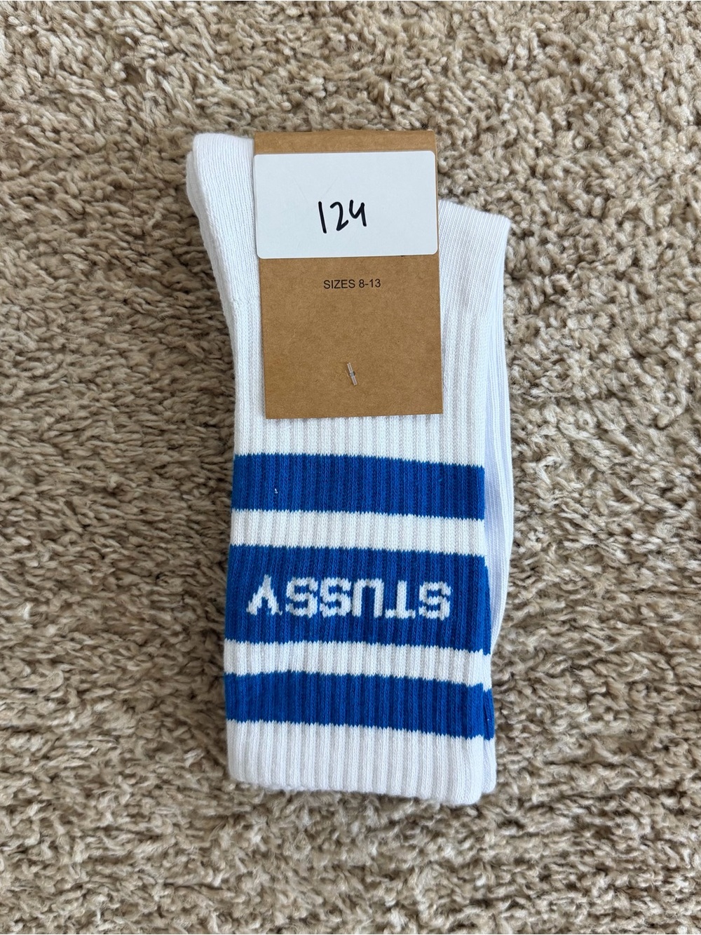 Stussy White Crew Socks with Blue Stripes